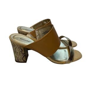 Nicole Briar snakeskin block heel sandal, Brown & Metallic Gold, 10m NWOB